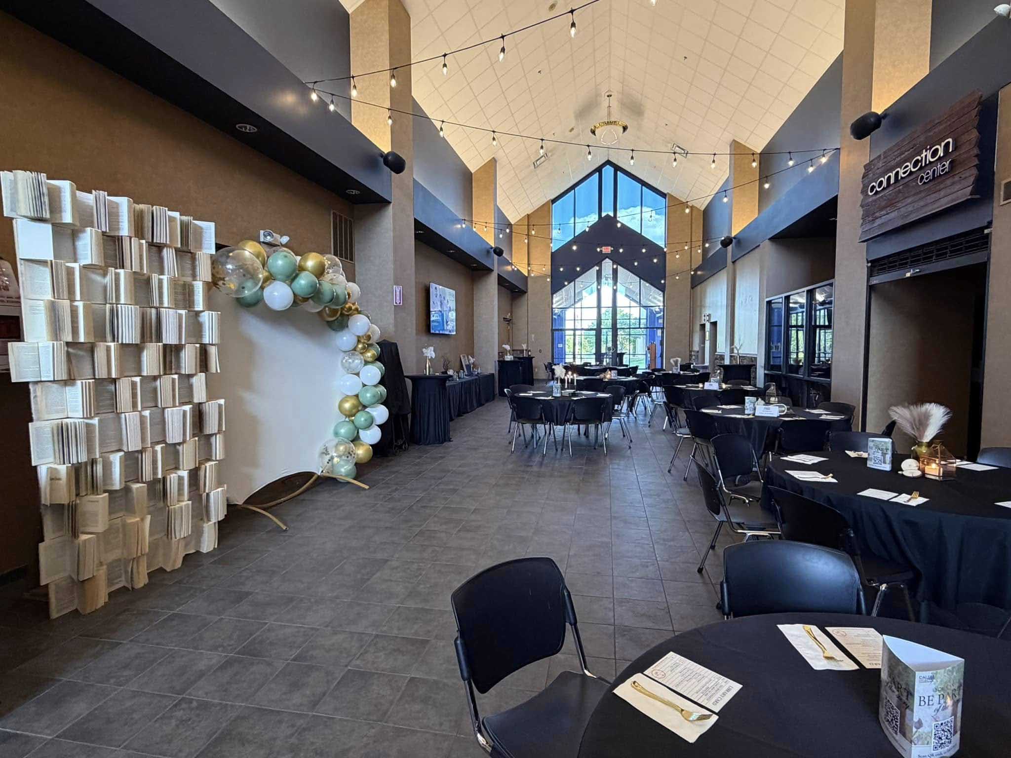 The atrium set up to host a banquet at CALE Collective